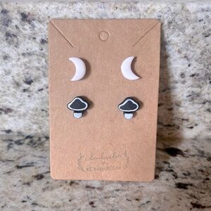 Black Mushroom + White Moon Polymer Clay Earrings
